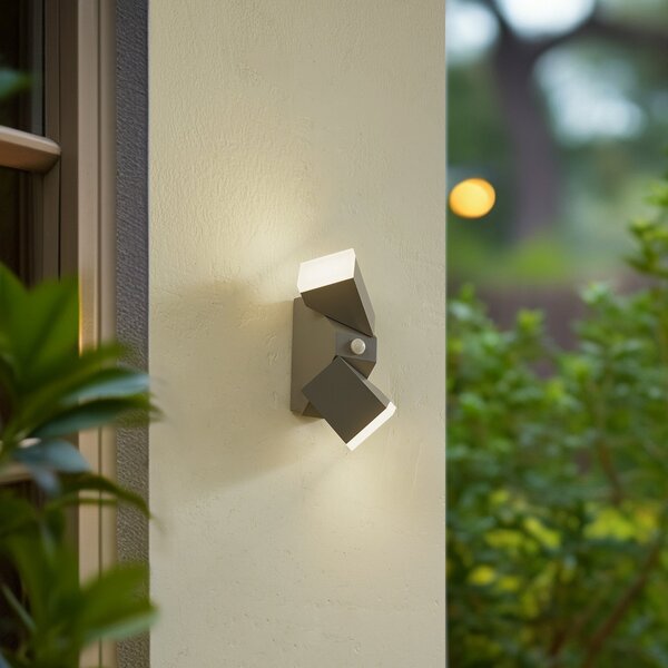 Lindby LED стенна лампа „Sally“, 22 см, сива, IP54, със сензор, Сив, Алуминий, Модерен, Стенна розетка отгоре/отдолу