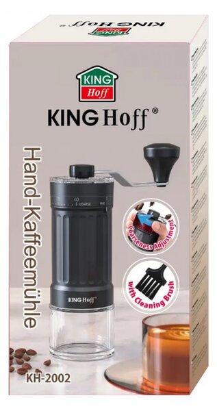 Ръчна кафемелачка Kinghoff KH 2002, 30 г, Керамичен механизъм, Безстепенно регулиране на фиността на смилане, Черен