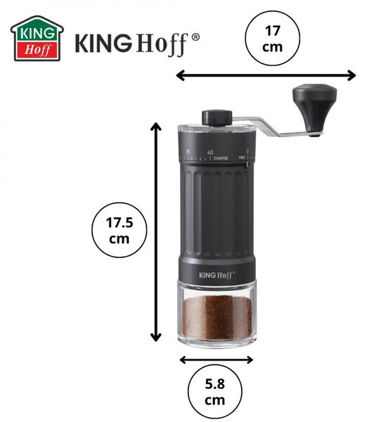Ръчна кафемелачка Kinghoff KH 2002, 30 г, Керамичен механизъм, Безстепенно регулиране на фиността на смилане, Черен