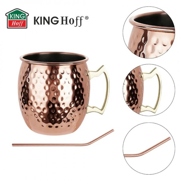 Комплект чаши за Moscow Mule Kinghoff KH 2000, 2 бр, 500мл, 2 сламки, Неръждаема стомана, Меден цвят