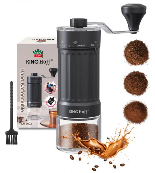 Ръчна кафемелачка Kinghoff KH 2002, 30 г, Керамичен механизъм, Безстепенно регулиране на фиността на смилане, Черен