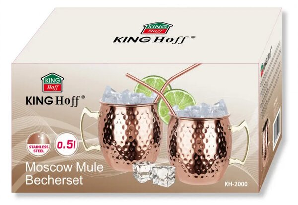 Комплект чаши за Moscow Mule Kinghoff KH 2000, 2 бр, 500мл, 2 сламки, Неръждаема стомана, Меден цвят