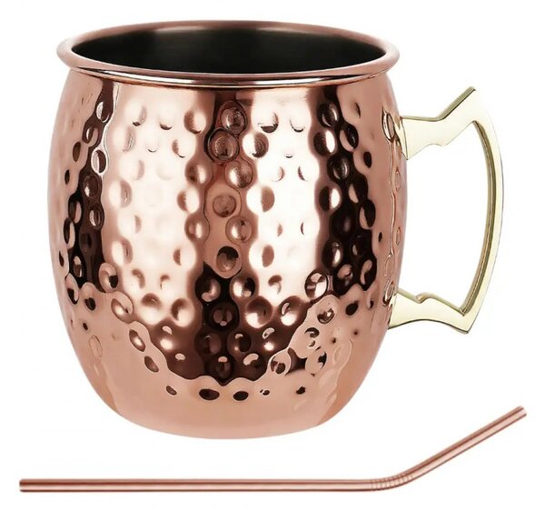 Комплект чаши за Moscow Mule Kinghoff KH 2000, 2 бр, 500мл, 2 сламки, Неръждаема стомана, Меден цвят