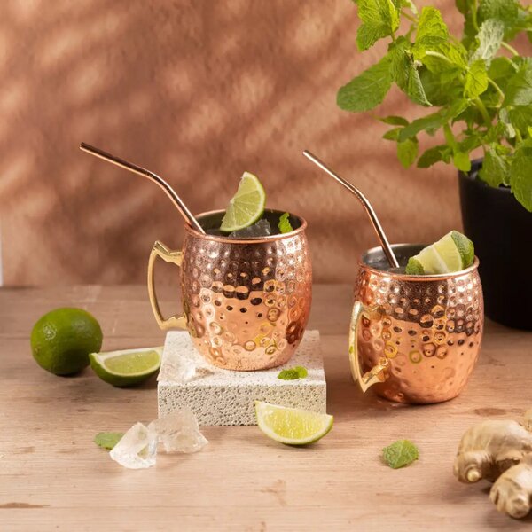 Комплект чаши за Moscow Mule Kinghoff KH 2000, 2 бр, 500мл, 2 сламки, Неръждаема стомана, Меден цвят
