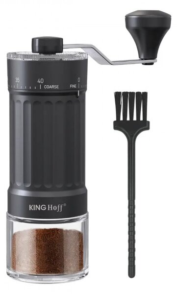 Ръчна кафемелачка Kinghoff KH 2002, 30 г, Керамичен механизъм, Безстепенно регулиране на фиността на смилане, Черен