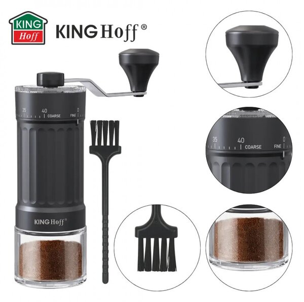Ръчна кафемелачка Kinghoff KH 2002, 30 г, Керамичен механизъм, Безстепенно регулиране на фиността на смилане, Черен