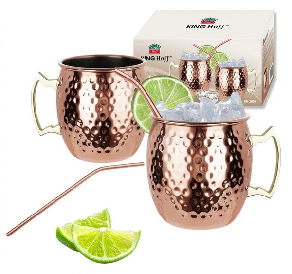 Комплект чаши за Moscow Mule Kinghoff KH 2000, 2 бр, 500мл, 2 сламки, Неръждаема стомана, Меден цвят
