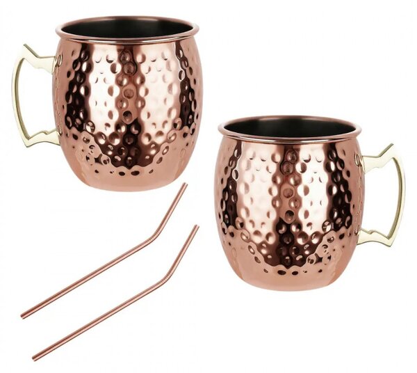 Комплект чаши за Moscow Mule Kinghoff KH 2000, 2 бр, 500мл, 2 сламки, Неръждаема стомана, Меден цвят