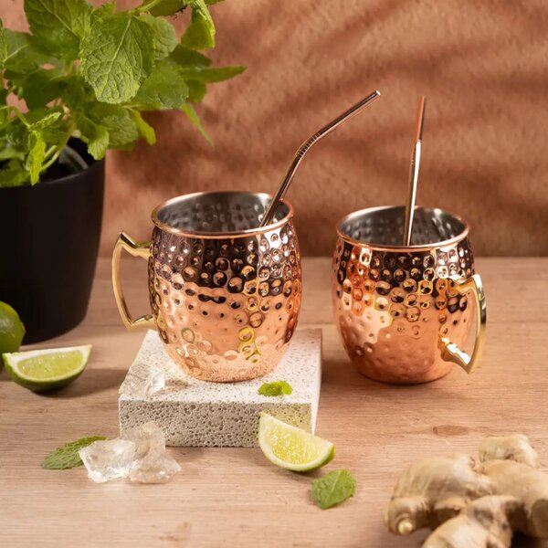 Комплект чаши за Moscow Mule Kinghoff KH 2000, 2 бр, 500мл, 2 сламки, Неръждаема стомана, Меден цвят