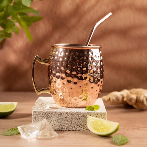 Комплект чаши за Moscow Mule Kinghoff KH 2000, 2 бр, 500мл, 2 сламки, Неръждаема стомана, Меден цвят