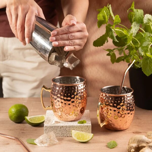 Комплект чаши за Moscow Mule Kinghoff KH 2000, 2 бр, 500мл, 2 сламки, Неръждаема стомана, Меден цвят