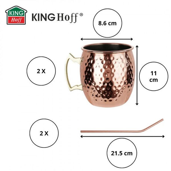 Комплект чаши за Moscow Mule Kinghoff KH 2000, 2 бр, 500мл, 2 сламки, Неръждаема стомана, Меден цвят