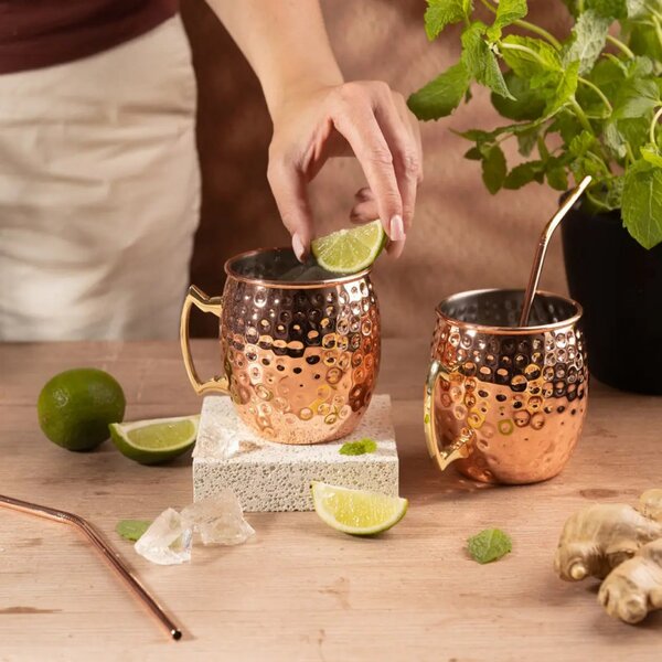Комплект чаши за Moscow Mule Kinghoff KH 2000, 2 бр, 500мл, 2 сламки, Неръждаема стомана, Меден цвят