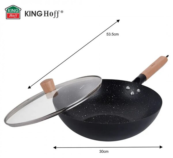Уок тиган Kinghoff KH 1984, 30 см, Стъклен капак с отвор за пара, Мраморно покритие, Индукция, Черен