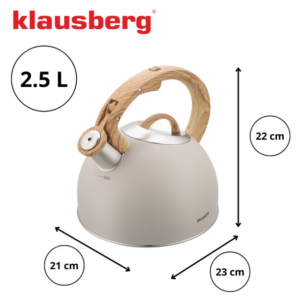 Свирещ чайник Klausberg KB 7913, 2.5 л, Дръжка с дървесен ефект, Индукция, Бежов