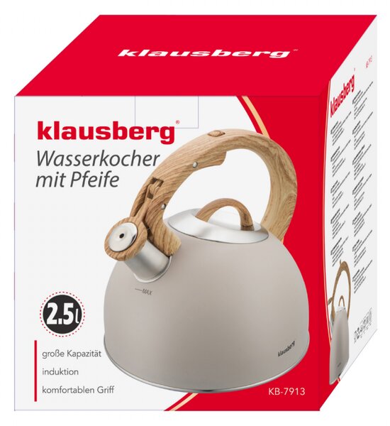 Свирещ чайник Klausberg KB 7913, 2.5 л, Дръжка с дървесен ефект, Индукция, Бежов
