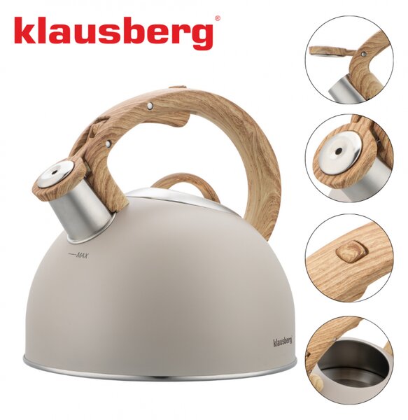 Свирещ чайник Klausberg KB 7913, 2.5 л, Дръжка с дървесен ефект, Индукция, Бежов