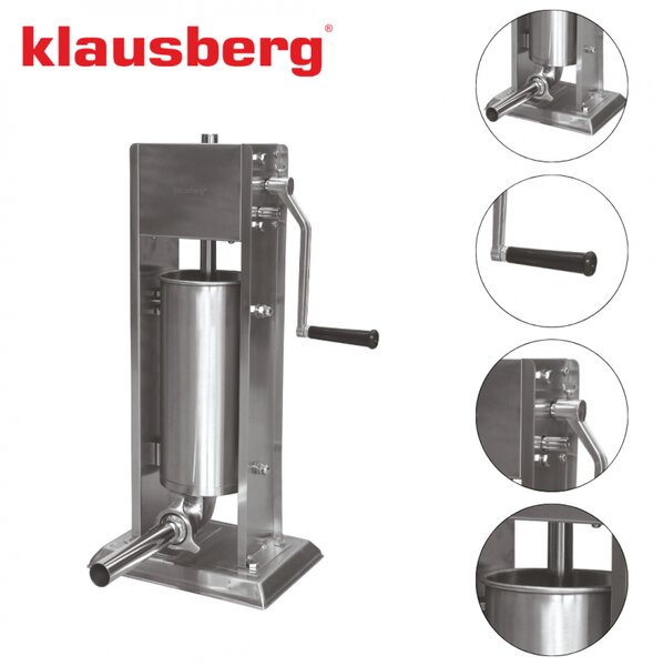 Машина за пълнене на колбаси Klausberg KB 7930, 5 кг, Ръчна, 4 стоманени накрайника, Клапан за обезвъздушаване, Подвижен цилиндър, Инокс