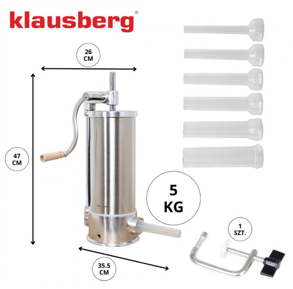 Машина за пълнене на колбаси Klausberg KB 7927, 5 Кг, Ръчна, 14-35мм, 6 фунии, Инокс