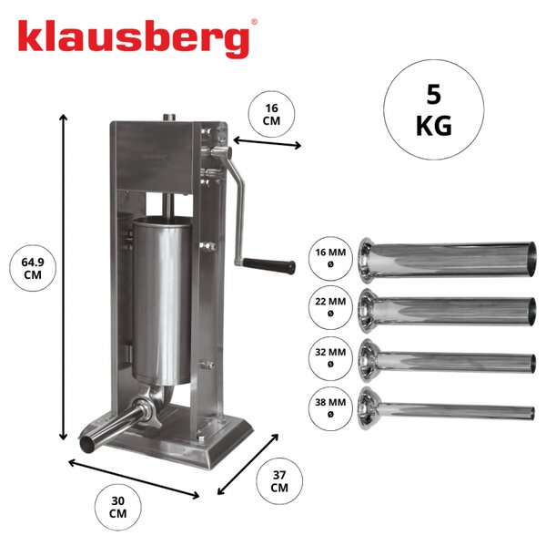 Машина за пълнене на колбаси Klausberg KB 7930, 5 кг, Ръчна, 4 стоманени накрайника, Клапан за обезвъздушаване, Подвижен цилиндър, Инокс
