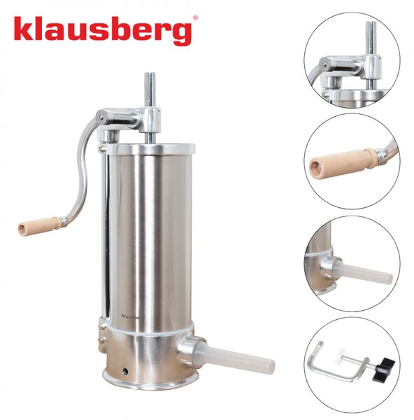 Машина за пълнене на колбаси Klausberg KB 7927, 5 Кг, Ръчна, 14-35мм, 6 фунии, Инокс