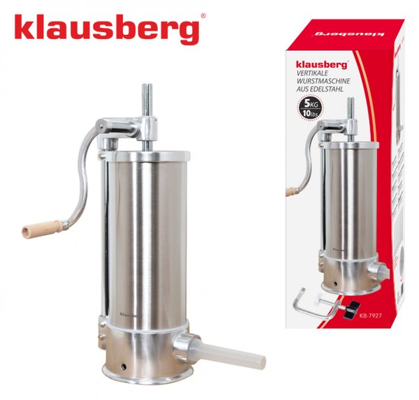 Машина за пълнене на колбаси Klausberg KB 7927, 5 Кг, Ръчна, 14-35мм, 6 фунии, Инокс