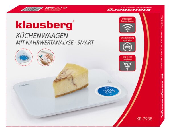Кухненска везна Klausberg KB 7938, 5 Kg, Bluetooth, Мобилно приложение, LCD, ТАРА, 4 показателя, Течности, Индикатори, Бял/син