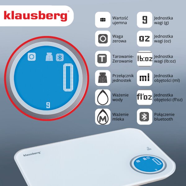 Кухненска везна Klausberg KB 7938, 5 Kg, Bluetooth, Мобилно приложение, LCD, ТАРА, 4 показателя, Течности, Индикатори, Бял/син