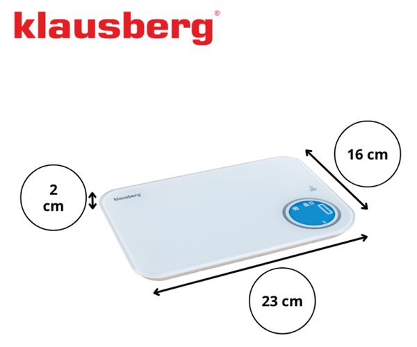 Кухненска везна Klausberg KB 7938, 5 Kg, Bluetooth, Мобилно приложение, LCD, ТАРА, 4 показателя, Течности, Индикатори, Бял/син