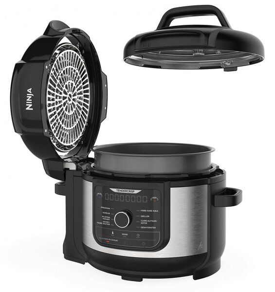 Мултикукър под налягане Ninja Foodi OP350FR, 1400W, 6 л, 9 програми, 40-200°C, TenderCrisp®, Керамично покритие, Поддържане на топлината, Цяло пиле, Черен/инокс