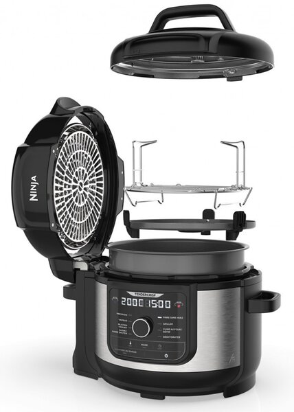 Мултикукър под налягане Ninja Foodi OP350FR, 1400W, 6 л, 9 програми, 40-200°C, TenderCrisp®, Керамично покритие, Поддържане на топлината, Цяло пиле, Черен/инокс