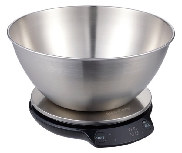 Кухненска везна с купа Klausberg KB 7939, 5 Kg, Bluetooth, Мобилно приложение, LED, ТАРА, Течности, 4 хранителни стойности, Инокс