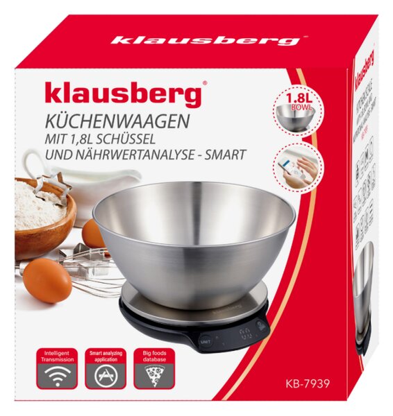 Кухненска везна с купа Klausberg KB 7939, 5 Kg, Bluetooth, Мобилно приложение, LED, ТАРА, Течности, 4 хранителни стойности, Инокс