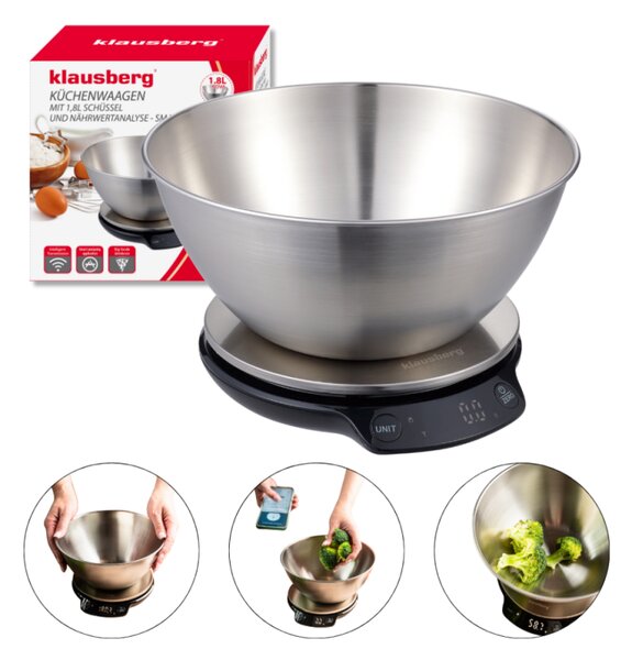 Кухненска везна с купа Klausberg KB 7939, 5 Kg, Bluetooth, Мобилно приложение, LED, ТАРА, Течности, 4 хранителни стойности, Инокс