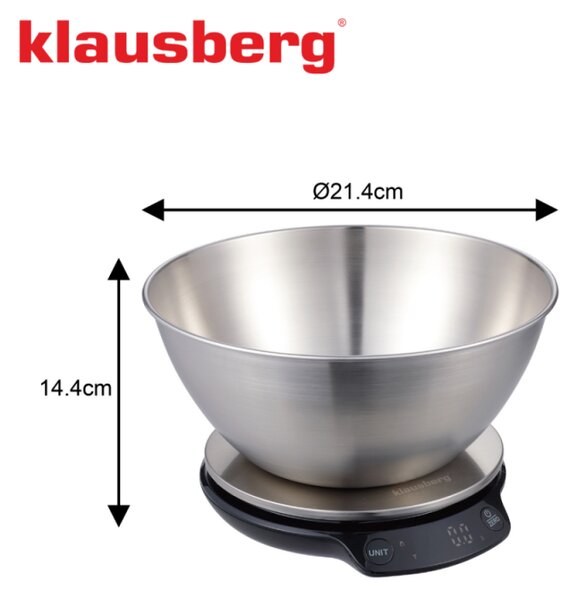 Кухненска везна с купа Klausberg KB 7939, 5 Kg, Bluetooth, Мобилно приложение, LED, ТАРА, Течности, 4 хранителни стойности, Инокс