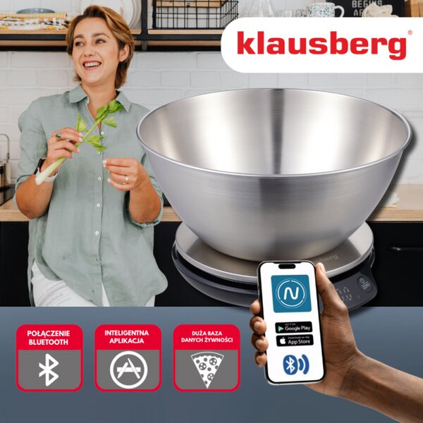 Кухненска везна с купа Klausberg KB 7939, 5 Kg, Bluetooth, Мобилно приложение, LED, ТАРА, Течности, 4 хранителни стойности, Инокс