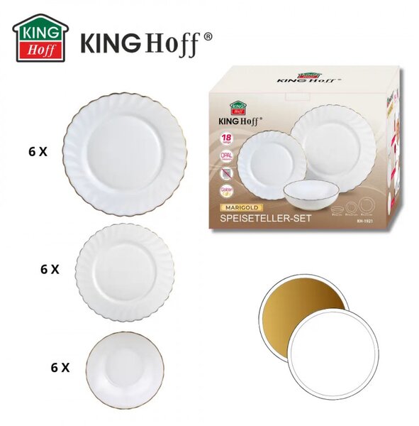 Сервиз за хранене Kinghoff KH 1921, 18 части, За 6 души, Опалово стъкло, Бял/Зластист