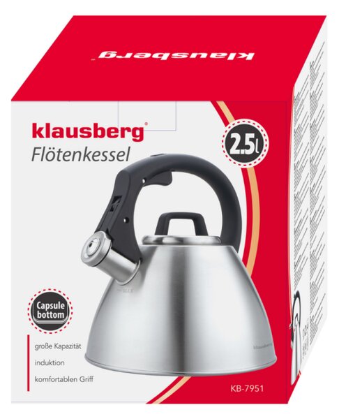 Свирещ чайник Klausberg KB 7951, 2.5 л, Неръждаема стомана, Топлоизолирана дръжка, Индукция, Матов инокс