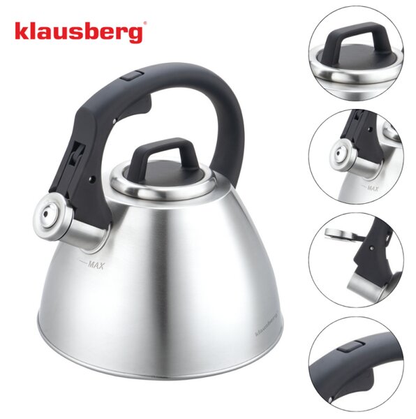Свирещ чайник Klausberg KB 7951, 2.5 л, Неръждаема стомана, Топлоизолирана дръжка, Индукция, Матов инокс