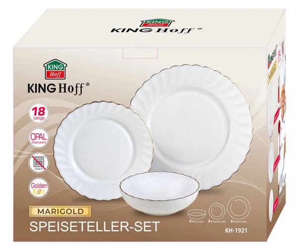 Сервиз за хранене Kinghoff KH 1921, 18 части, За 6 души, Опалово стъкло, Бял/Зластист