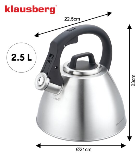 Свирещ чайник Klausberg KB 7951, 2.5 л, Неръждаема стомана, Топлоизолирана дръжка, Индукция, Матов инокс