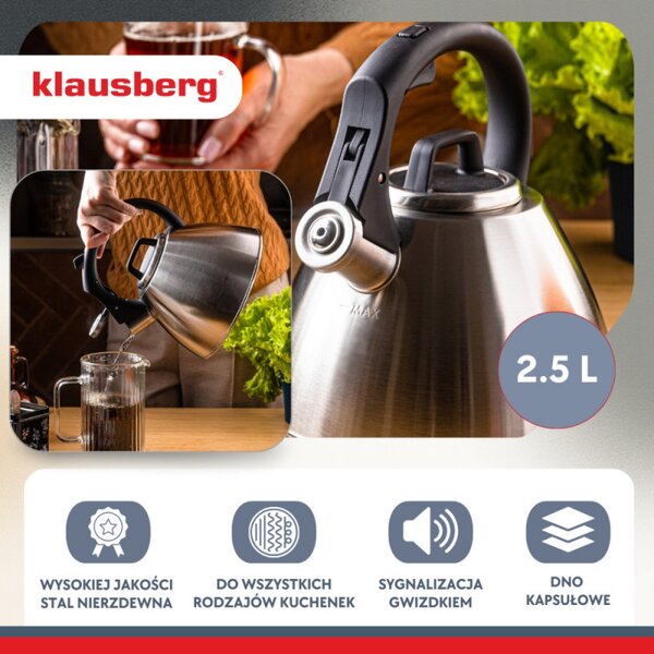 Свирещ чайник Klausberg KB 7951, 2.5 л, Неръждаема стомана, Топлоизолирана дръжка, Индукция, Матов инокс