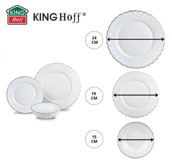 Сервиз за хранене Kinghoff KH 1921, 18 части, За 6 души, Опалово стъкло, Бял/Зластист