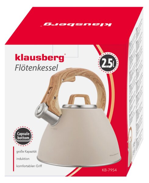 Свирещ чайник Klausberg KB 7954, 2.5 л, Неръждаема стомана, Топлоизолирана дръжка с дървесен ефект, Индукция, Бежов/кафяв