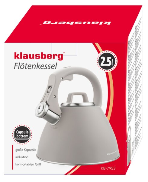 Свирещ чайник Klausberg KB 7953, 2.5 л, Неръждаема стомана, Топлоизолирана дръжка, Индукция, Бежов