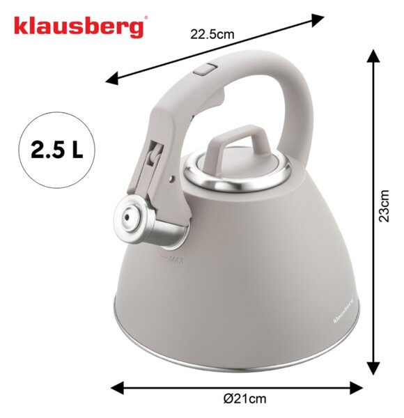 Свирещ чайник Klausberg KB 7953, 2.5 л, Неръждаема стомана, Топлоизолирана дръжка, Индукция, Бежов