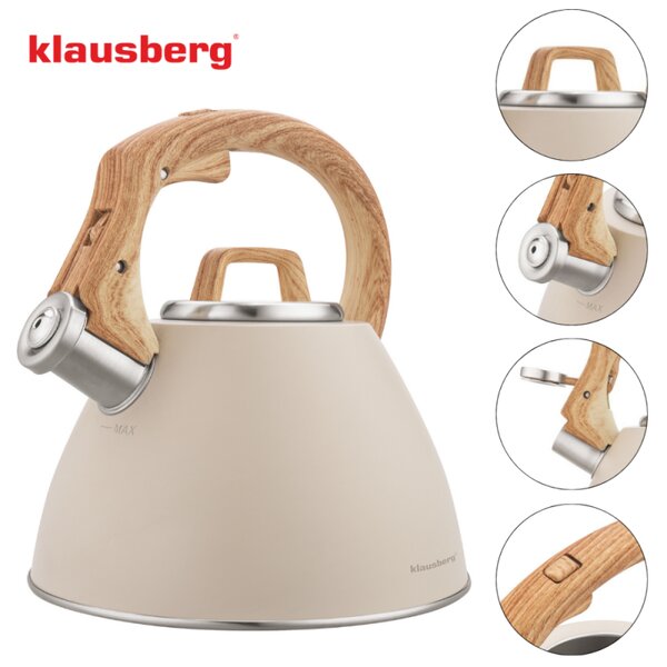 Свирещ чайник Klausberg KB 7954, 2.5 л, Неръждаема стомана, Топлоизолирана дръжка с дървесен ефект, Индукция, Бежов/кафяв