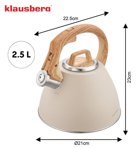 Свирещ чайник Klausberg KB 7954, 2.5 л, Неръждаема стомана, Топлоизолирана дръжка с дървесен ефект, Индукция, Бежов/кафяв