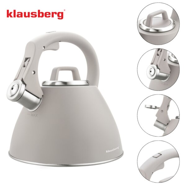 Свирещ чайник Klausberg KB 7953, 2.5 л, Неръждаема стомана, Топлоизолирана дръжка, Индукция, Бежов