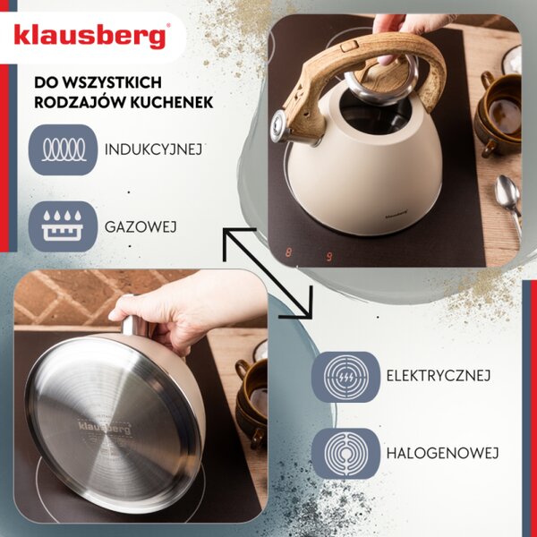 Свирещ чайник Klausberg KB 7954, 2.5 л, Неръждаема стомана, Топлоизолирана дръжка с дървесен ефект, Индукция, Бежов/кафяв